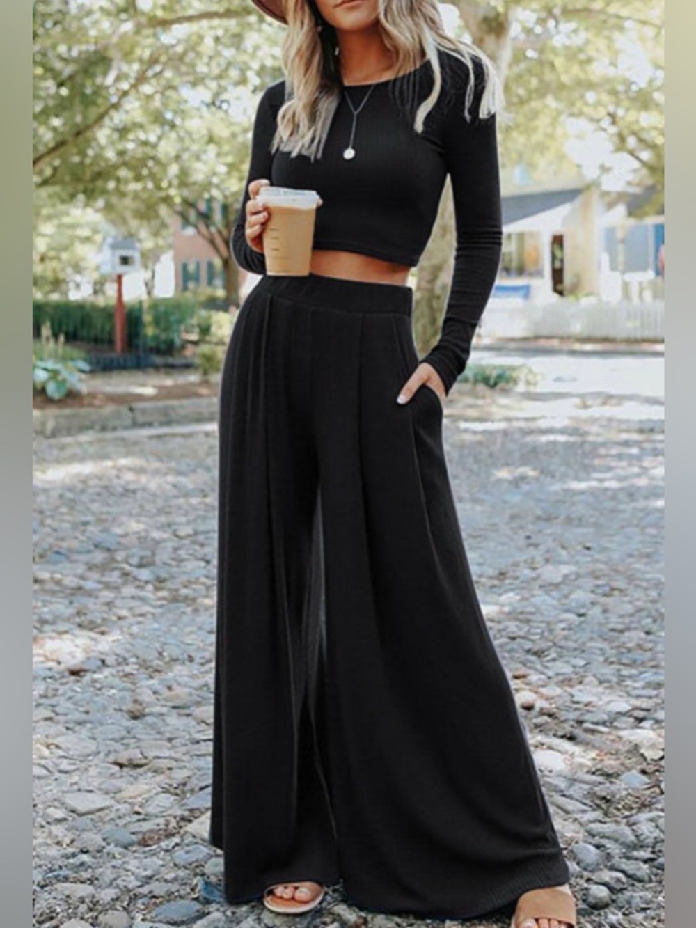 2 Piece Set Black Wide-Leg High-Waist Pants and Ribbed Crop Top